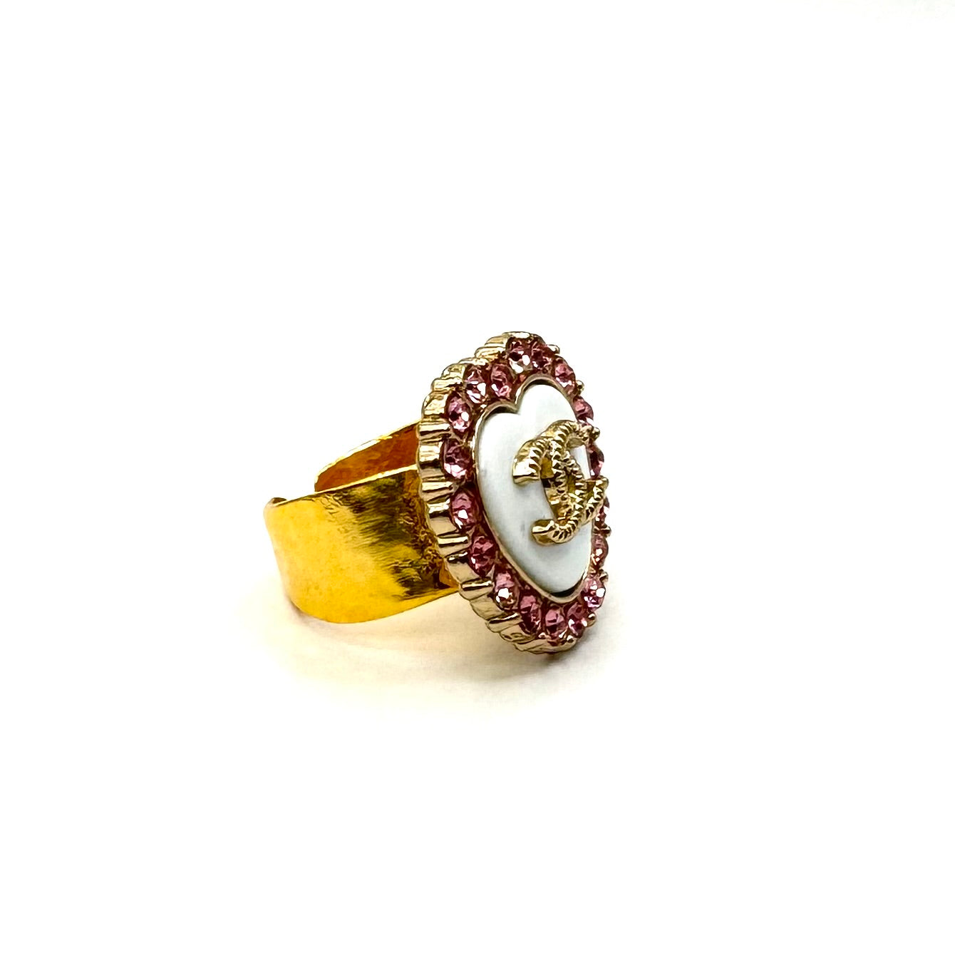 Sparkle Pink & White Heart Button Ring