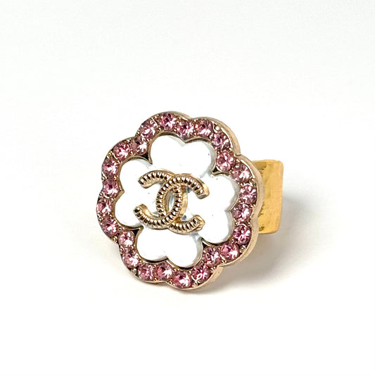 Pink Sparkle & White Clover Button Ring