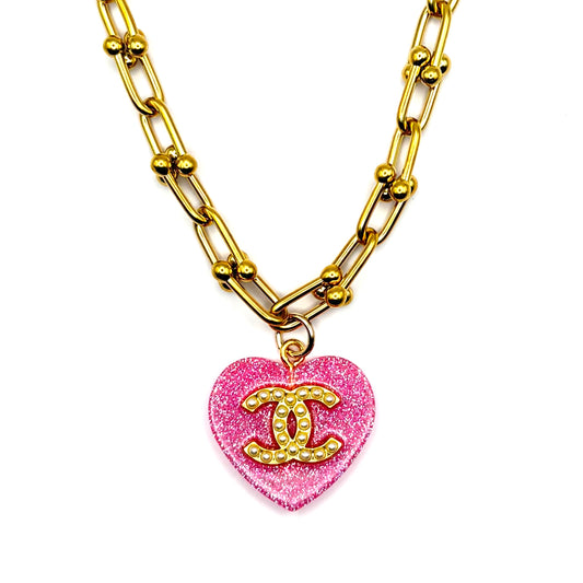 Glittery Pink Heart Necklace