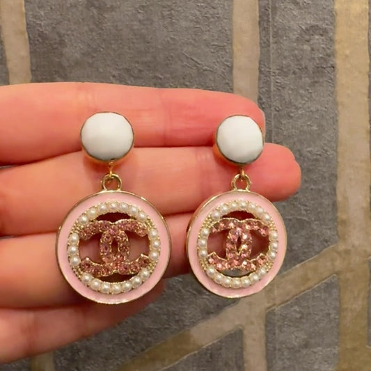 Pink & White Agate Sparkly Earrings